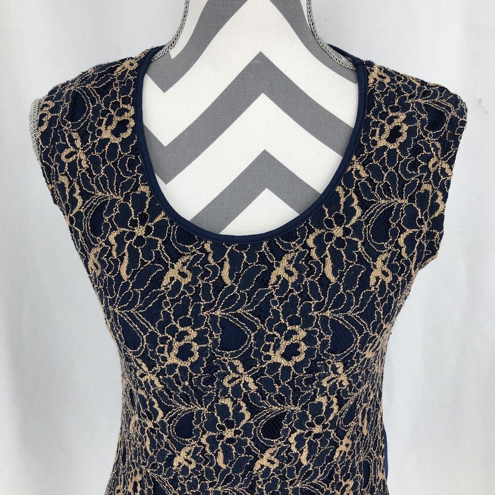 Noir Sleeveless Blue Gold Floral Lace Tank Top Medium